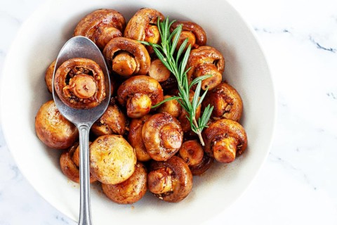 Fried mushrooms, with spices, in soy sauce, vegetarian food, homemade, no people