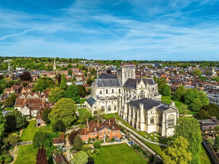 Winchester Cathedral from a drone, Winchester, Hampshire, England, United Kingdom