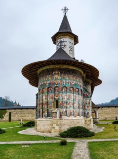 Moldavian monastery Sucevita with colorful wall paintings, UNESCO World Heritage Site, Moldova,