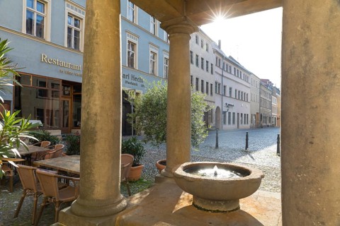 Holzmarktbrunnen on the Holzmarkt, part of Wittenberger Röhrwasser, Luther city Wittenberg,