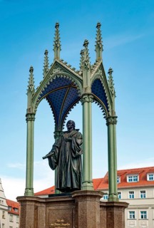 Market square with Melanchthon monument by Friedrich Drake, Luther city Wittenberg, Saxony-Anhalt,