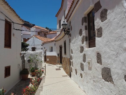 Narrow alley with white buildings and historic style flowers in Fataga, Barranco de Fataga, Gran