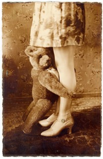 Childhood, memory, affection, hug, staging, feeling, twenties, teddy bear hugging a woman's legs,