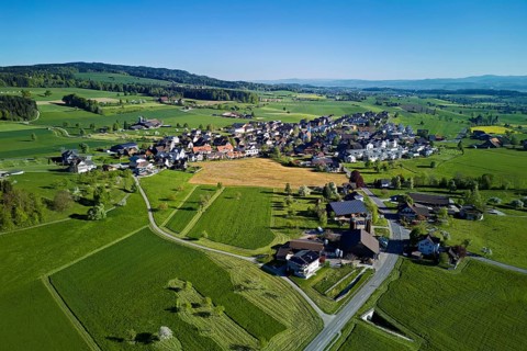 View of the village with Lindenberg in the back, Abtwil, Freiamt, Canton of Aargau, Switzerland