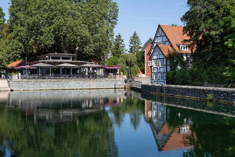 Restaurant with outdoor catering, Teichsmühle, Wassermühle, Großer Teich, Reflexion, Soest,