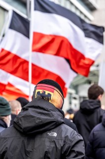 The neo-Nazi group Jung und Stark, JS, demonstrates in the city centre of Essen, demanding the