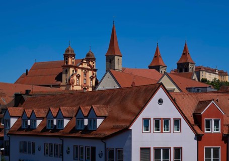 Protestant town church and collegiate church of the monastery, now St Vitus' Basilica, rooftops,