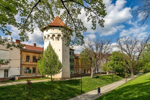 The Armbruster Tower defensive defence tower in Sibiu or Sibiu, Transylvania, Romania