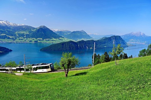 Vitznau Rigi Railway modern grey articulated railcar, behind Lake Lucerne with Buochserhorn,
