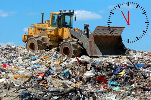 Excavator on a garbage dump, recycling, plastic waste, clock, 5 in front of 12, microplastic, five