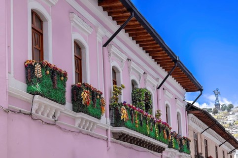 Old Town in Quito, Ecuador. Colonial colorful scenic historic city center streets