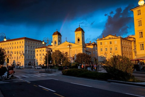Magnificent buildings and Greek Orthodox church San Nicolò on the Riva del Mandracchio seafront in