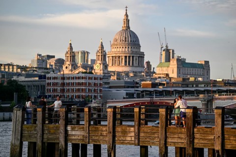 Thames pier overlooking St Paul's Cathedral and Blackfriars Bridge, South Bank, London, England,