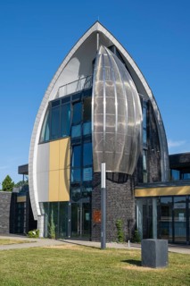 ADAC Yacht School, modern building designed like a ship hull, Körbecke, Möhnesee, Sauerland,