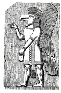 An Assyrian relief of the eagle-headed god Nisroch, the winged figure holding a pine cone, which is