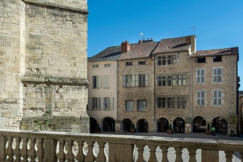 Villefranche de Rouergue. City of Art and History. Arcades on Notre Dame square. Aveyron. Occitanie
