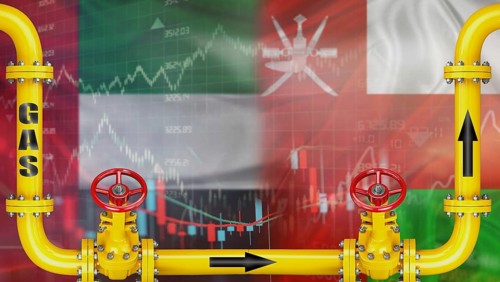 Gas exports from the United Arab Emirates to Oman on financial chart background. Emirati gas export