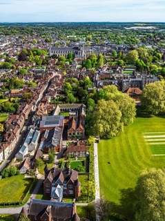 Winchester Cathedral from a drone, Winchester, Hampshire, England, United Kingdom