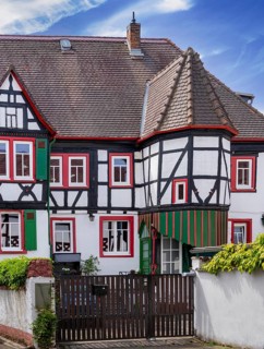 Historic half-timbered houses in the old town of Dreieichenhain, Hesse, Germany