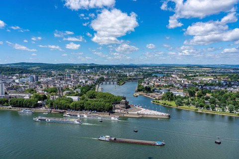 The Deutsches Eck, the confluence of the Moselle with the Rhine, near Koblenz, looking west, with