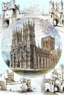 Cathedral and city gates of York, in northern England on the River Ouse, illustration, reproduction