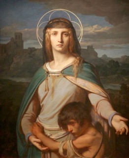 Saint Monica in a landscape. The artwork depicts Saint Monica with a golden halo and a child at her