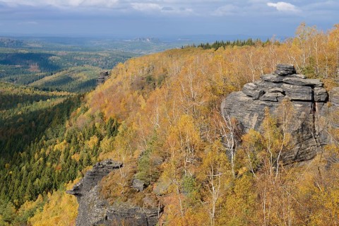 Rocks and mixed forest in autumn, Großer Zschirnstein, Saxon Switzerland, Elbe Sandstone Mountains,