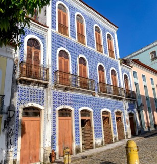 An old mansion with an 18th-century Portuguese tile facade in the city of Sao Luis in Maranhao, Sao