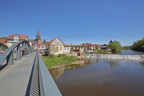 Old Fulda Bridge, Herren-Mühle and Barrage on the Fulda River, Rotenburg an der Fulda, Hesse,