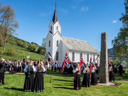 Celebration of the norwegian national day, village Hafslo at lake Hafslovatn, located near the