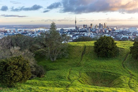 Trees and walking tracks on the rim of the Mount Eden volcanic crater overlooking Auckland city,