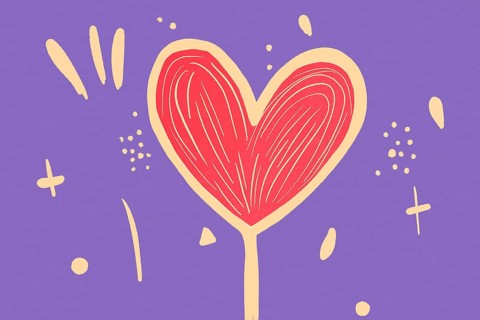 A playful, hand drawn heart in red, outlined in yellow, set against a purple background with