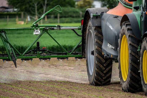 Agriculture, pesticide being sprayed on a field, sugar beet seedlings, North Rhine-Westphalia,
