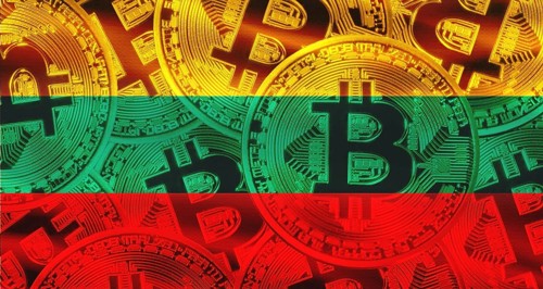 Investors in cryptocurrency and Blockchain Technology in Lithuania, Concept.Golden bitcoin coins on