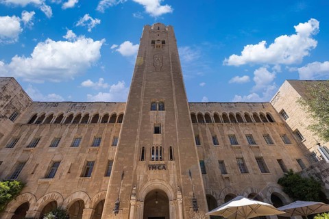Jerusalem, Israel, 17 April, 2022: Jerusalem International YMCA landmark bell tower and hotel in