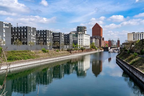 The Schwanentor Bridge in the inner harbour of Duisburg, one of 3 lifting bridges, can be raised up