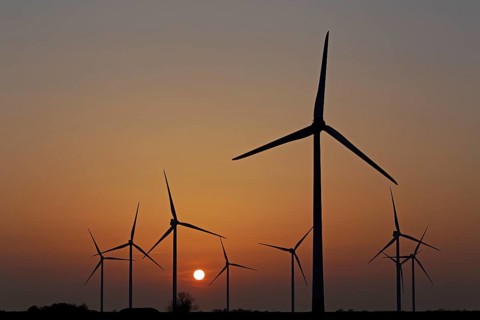 Wind farm, wind power plants, sunset, Reußenköge, North Frisia, Schleswig-Holstein, Germany