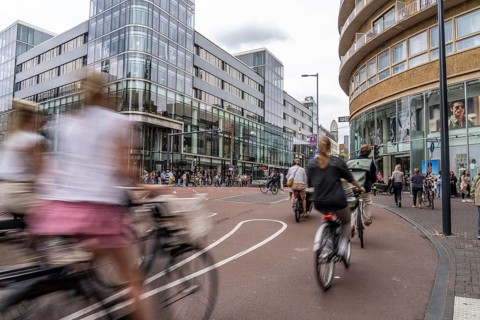 Central cycle path on the Lange Viestraat, in the centre of Utrecht, lanes for pedestrians,