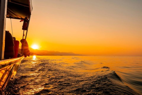 Orange sunset waterside view of Shkoder Lake in Shiroka from a tourist boat. Albania