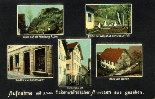 Various views of the Eckenwalter estate and the Friedburg-Ruine and Schlossbach Waterfall, today