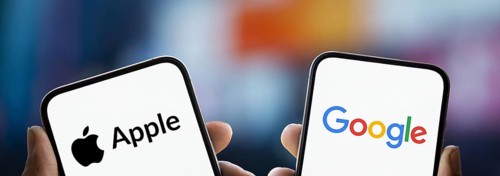 Apple and Google logo is displayed on smartphone.