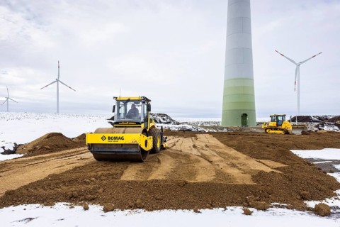 Construction site of a wind farm, preparation of the crane site and the foundation for a wind
