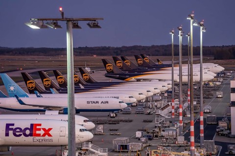 Cologne-Bonn airport, CGN, air freight center, UPS Logisic Hub, UPS cargo aircraft on the apron,