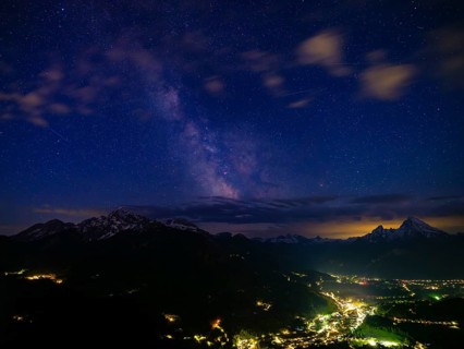 Milky Way over the valley basin of Berchtesgaden, behind Hoher Göll, Steinernes Meer and Watzmann,