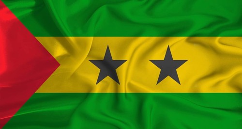 Realistic Sao Tome and Principe flag waving. Close up of flag of Sao Tome and Principe with cloth