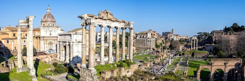 Roman Forum panorama ancient historical temple ruins in Rome, Italy