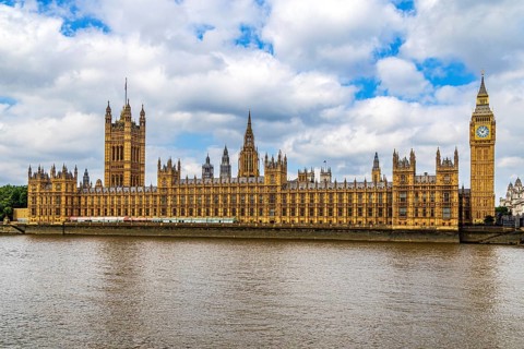 The Palace of Westminster, home to the UK Parliament, extends along the riverside with Elizabeth