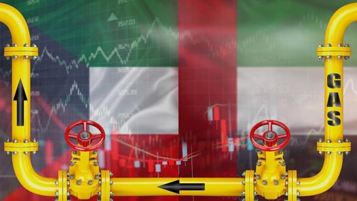 Gas exports from the United Arab Emirates to Kuwait on financial chart background. Emirati gas