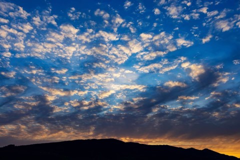 Cloudscape of altocumulus clouds at dawn, sunrise, cloud formation, Mondseeland, Salzkammergut,