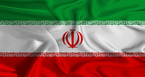 Colorful flag of Iran with silky fabric texture waving. Realistic Iran flag waving
